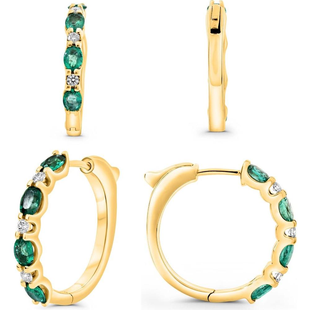 Roman & Jules - 14K Yellow Gold Hoop Earrings with Oval Emeralds and Round Diamond Accents - 0.75 Carat Total Emerald Weight, 0.18 Carat Total Diamond Weight