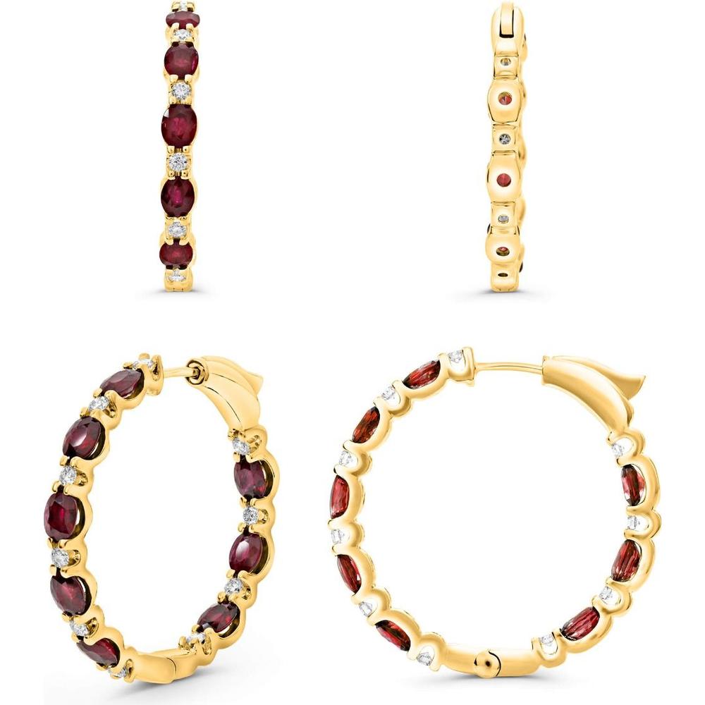 Roman & Jules - 14K Yellow Gold Hoop Earrings with Oval Rubies and Round Diamond Accents - 1.05 Carat Total Gem Weight