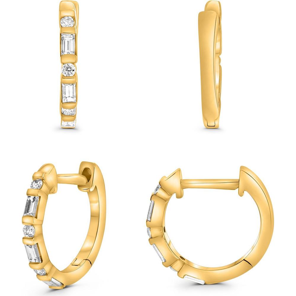 Roman & Jules - 14K Yellow Gold Hoop Earrings with Round and Baguette Diamonds - 0.18 Carat Total Diamond Weight