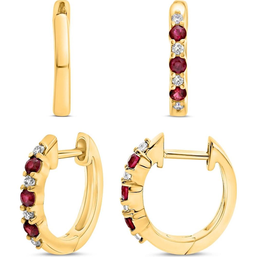 Roman & Jules - 14K Yellow Gold Hoop Earrings with Round Ruby and Diamond Accents - 0.12 Carat Total Ruby Weight, 0.08 Carat Total Diamond Weight
