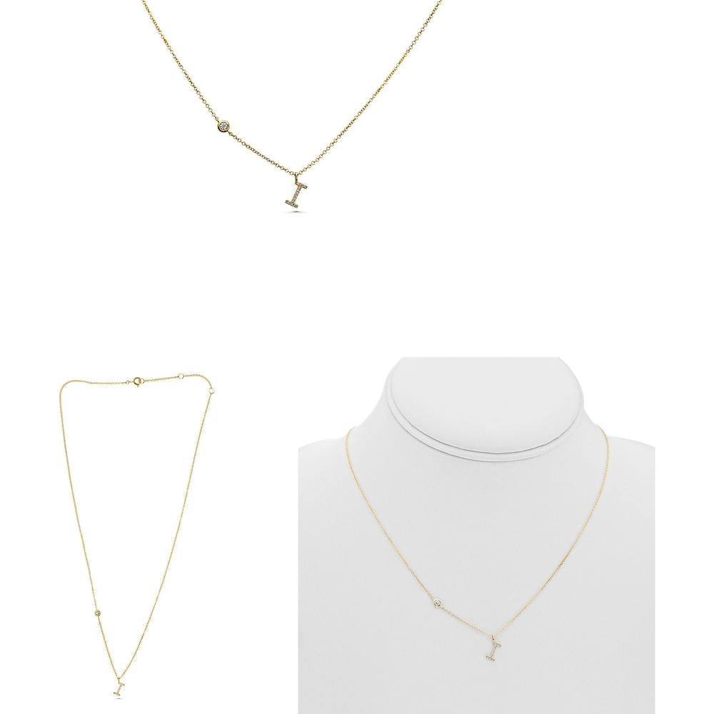 Roman & Jules - 14K Yellow Gold "I" Initial Necklace with 0.08 Carat Round Diamond in Micropavé Setting