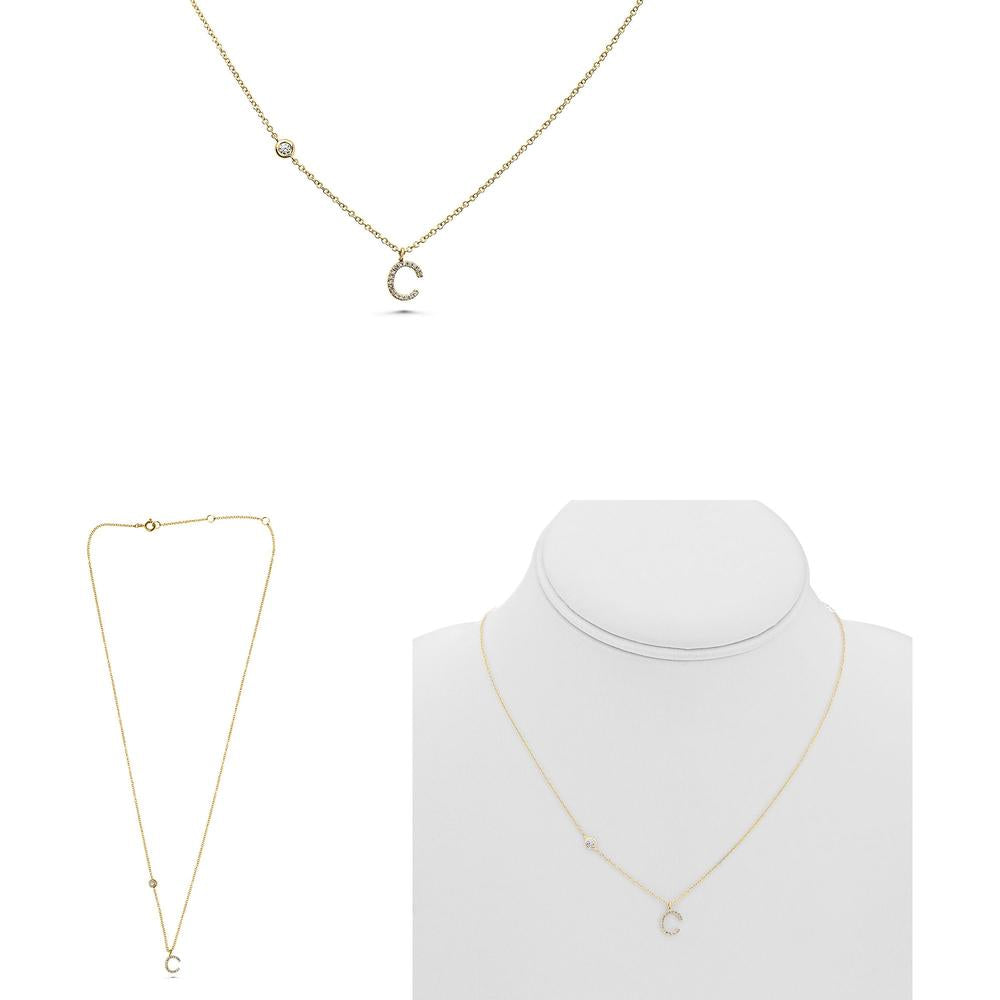 Roman & Jules - 14K Yellow Gold Initial "C" Necklace with 0.09 Carat Round Diamond in Micropavé Setting