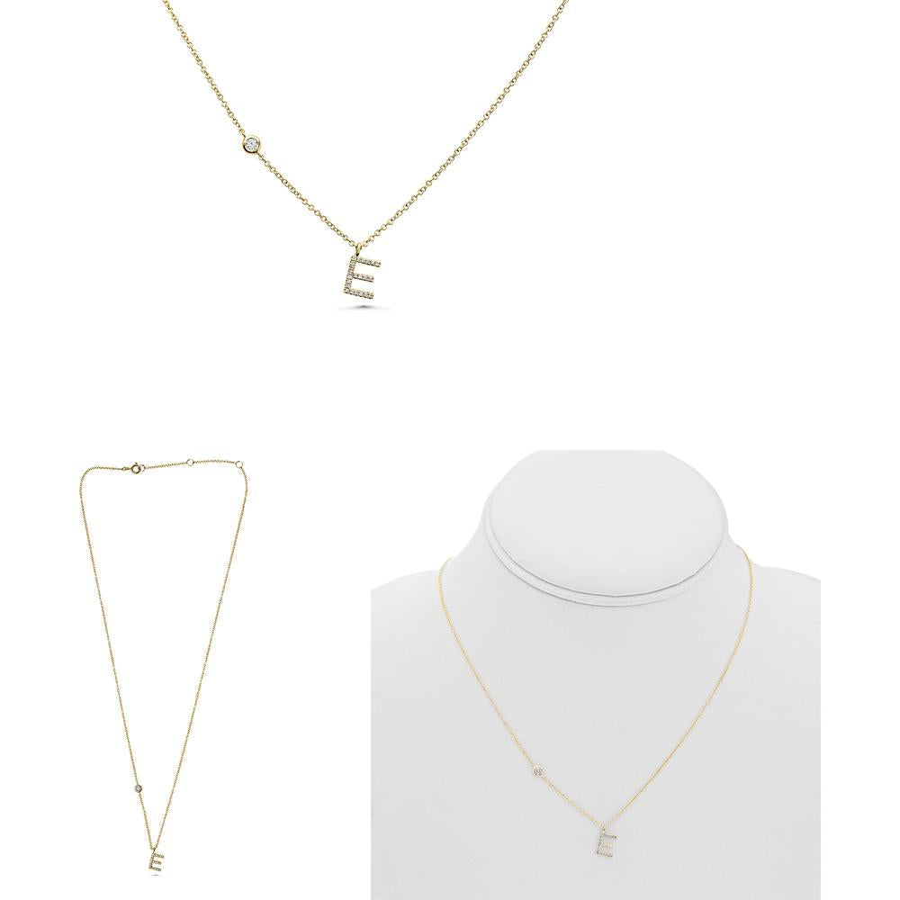 Roman & Jules - 14K Yellow Gold Initial "E" Necklace with 0.10 Carat Round Diamonds in Micropavé Setting