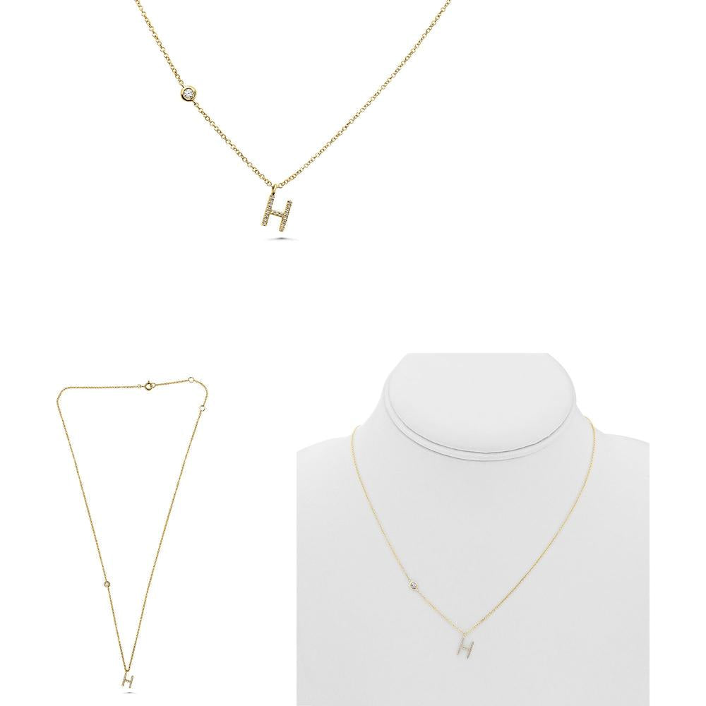 Roman & Jules - 14K Yellow Gold Initial 'H' Necklace with Round Diamond - 0.09 Carat Total Diamond Weight
