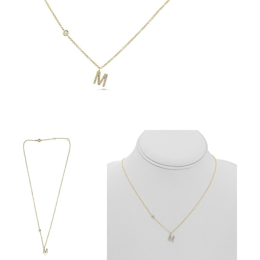 Roman & Jules - 14K Yellow Gold Initial "M" Necklace with 0.12 Carat Round Diamonds in Micropavé Setting