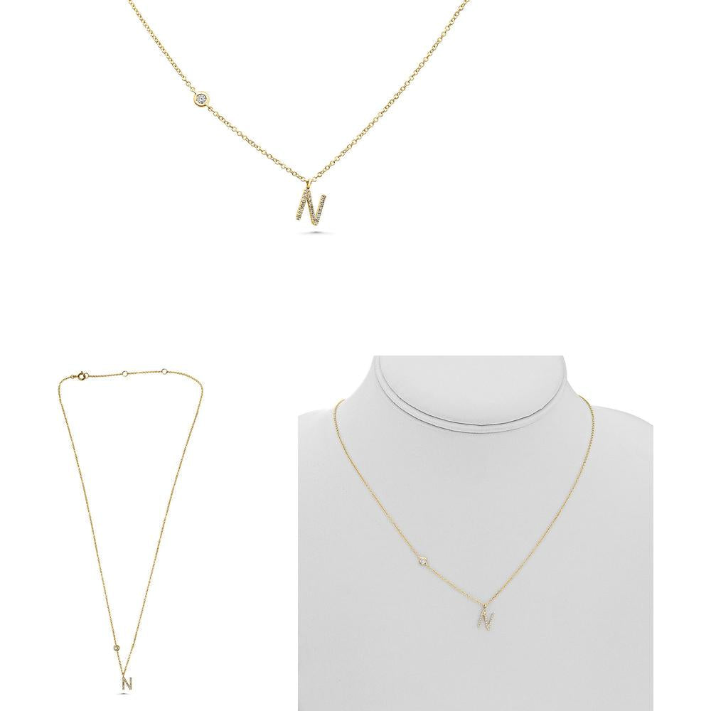 Roman & Jules - 14K Yellow Gold Initial "N" Necklace with 0.11 Carat Round Diamond Micropavé Setting
