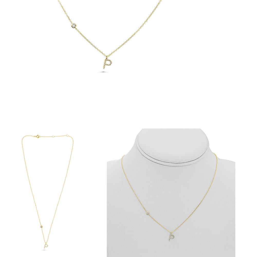 Roman & Jules - 14K Yellow Gold Initial "P" Necklace with 0.09 Carat Round Diamonds - Micropavé Setting