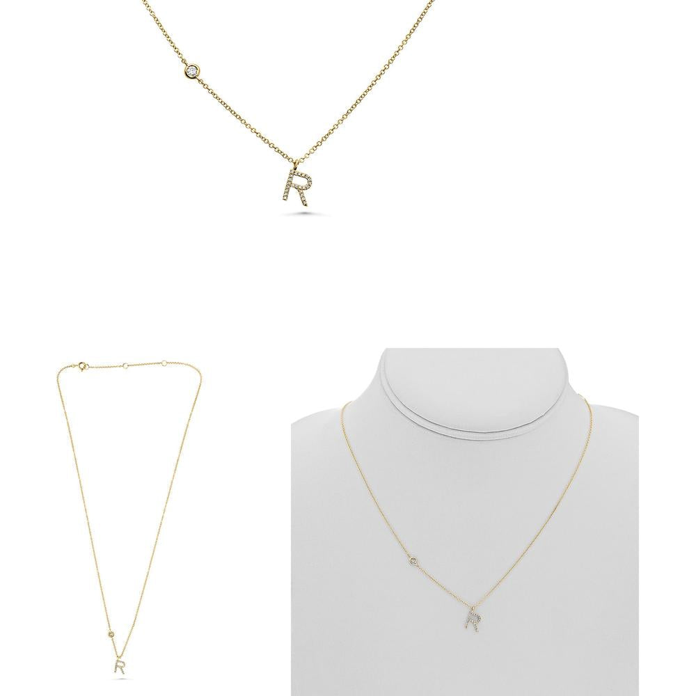 Roman & Jules - 14K Yellow Gold Initial "R" Necklace with 0.11 Carat Round Diamond Micropavé Setting