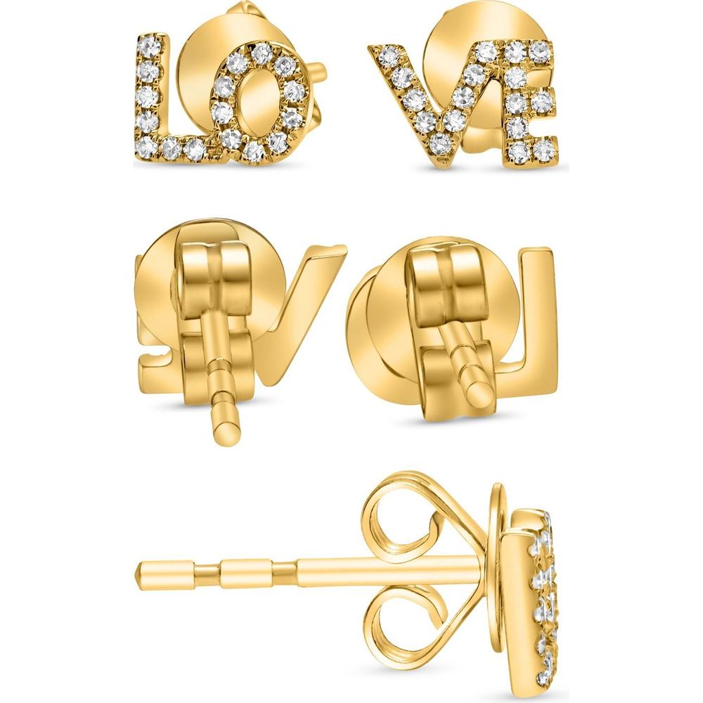 Roman & Jules - 14K Yellow Gold "LOVE" Diamond Stud Earrings with Round Diamonds - 0.09 Carat Total Diamond Weight