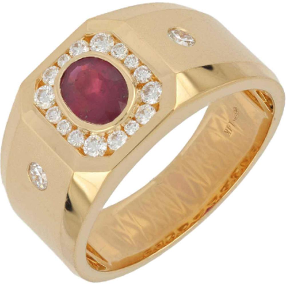 Roman & Jules - 14K Yellow Gold Men's Oval Ruby Ring with Diamond Halo - 1.34 Carat Total Gem Weight