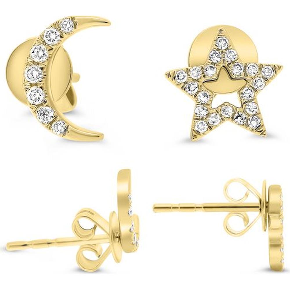 Roman & Jules - 14K Yellow Gold Moon and Star Diamond Stud Earrings - 0.12 Carat Total Diamond Weight