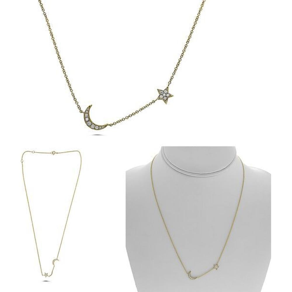 Roman & Jules - 14K Yellow Gold Moon and Star Necklace with Round Diamond - 0.15 Carat Total Diamond Weight
