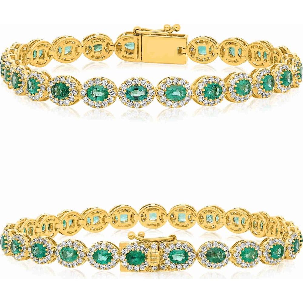 Roman & Jules - 14K Yellow Gold Oval Emerald and Diamond Halo Bracelet - 4.00 Carat Total Emerald Weight, 2.25 Carat Total Diamond Weight