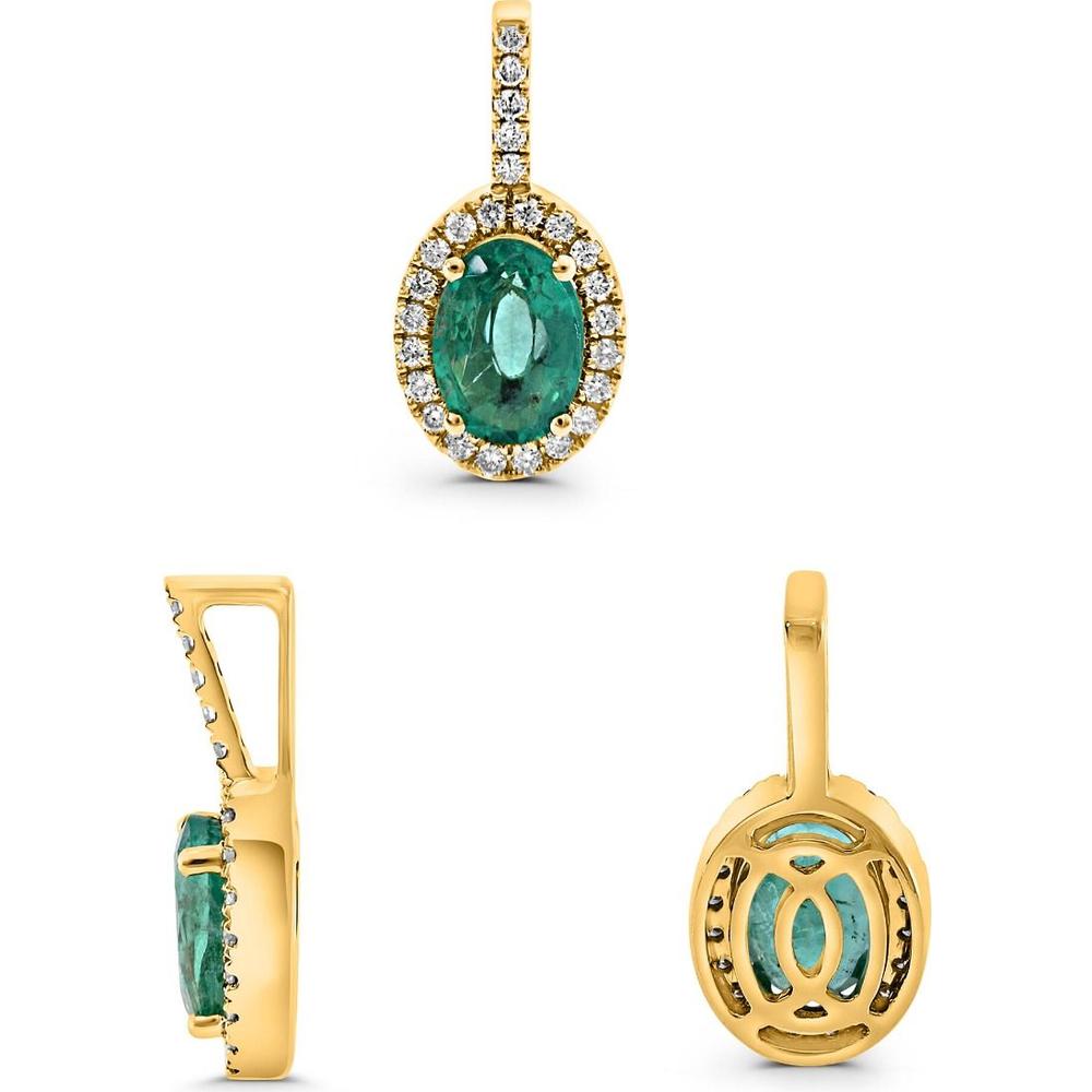 Roman & Jules - 14K Yellow Gold Oval Emerald and Diamond Halo Pendant - 0.71 Carat Emerald, 0.12 Carat Total Diamond Weight