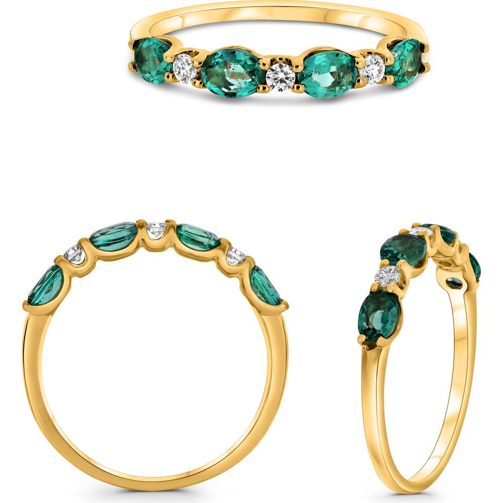 Roman & Jules - 14K Yellow Gold Oval Emerald and Round Diamond Ring - 0.63 Carat Total Emerald Weight, 0.09 Carat Total Diamond Weight
