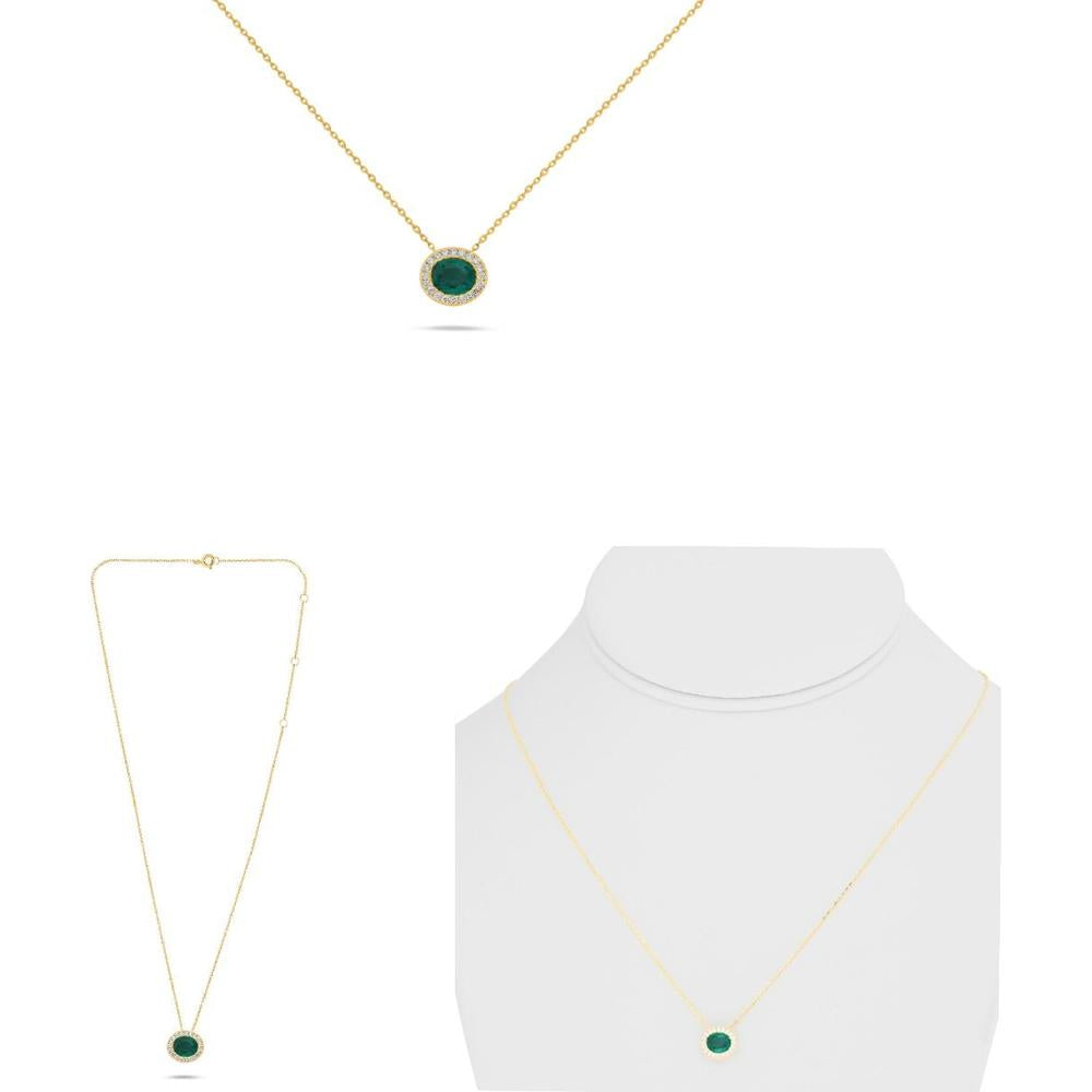 Roman & Jules - 14K Yellow Gold Oval Emerald Necklace with Diamond Halo - 0.54 Carat Emerald, 0.10 Carat Total Diamond Weight