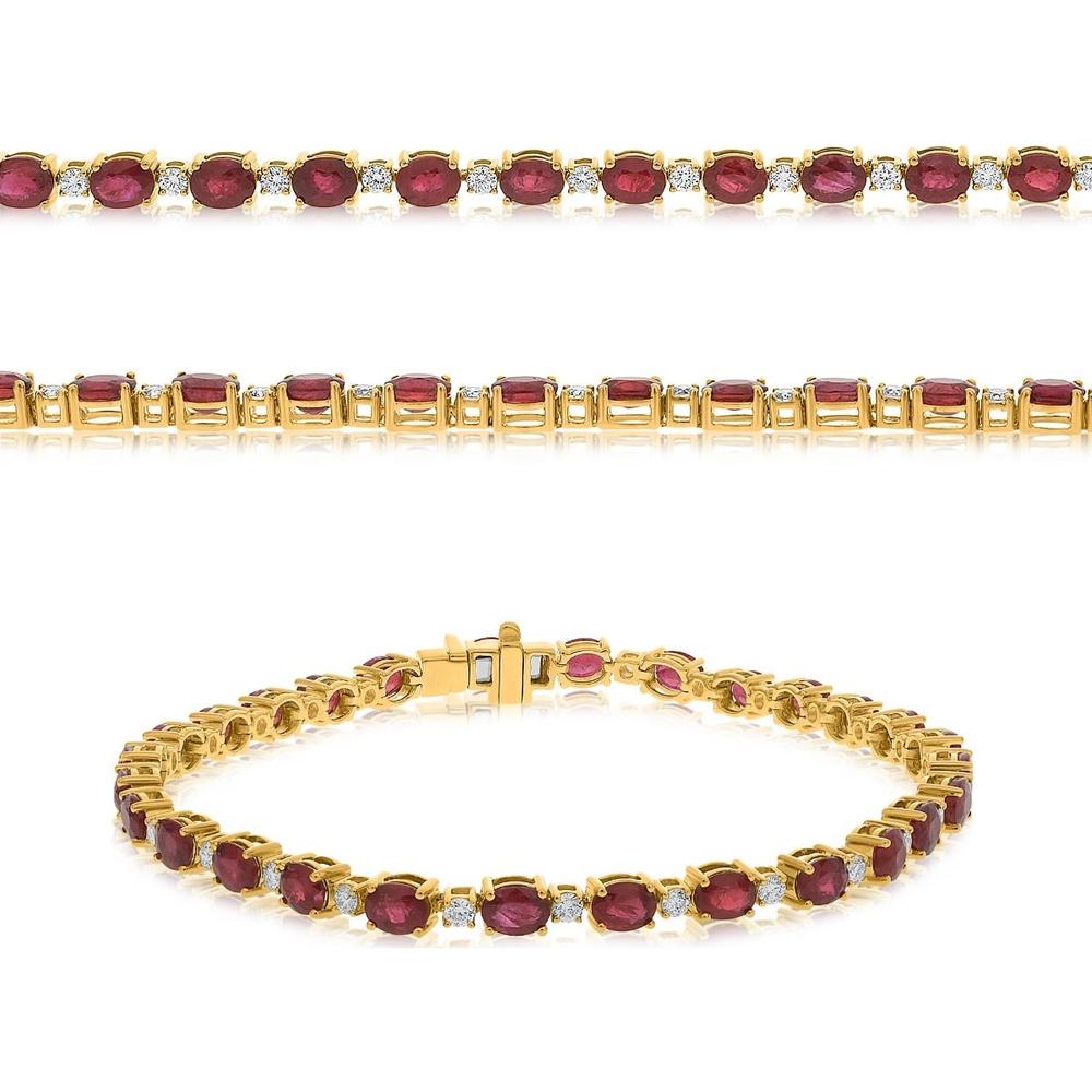 Roman & Jules - 14K Yellow Gold Oval Ruby and Diamond Bracelet with Prong Set Round Diamonds - 7.10 Carat Total Ruby Weight