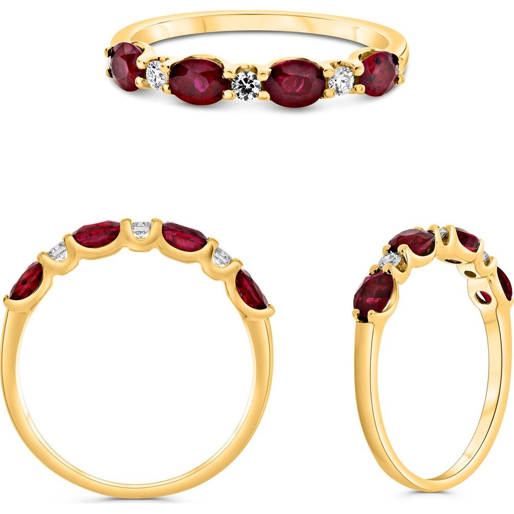 Roman & Jules - 14K Yellow Gold Oval Ruby and Round Diamond Band Ring - 1.00 Carat Total Ruby Weight, 0.09 Carat Total Diamond Weight