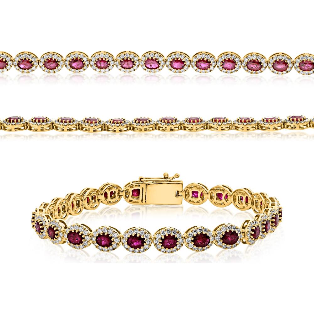Roman & Jules - 14K Yellow Gold Oval Ruby Bracelet with Halo Set Round Diamonds - 2.25 Carat Total Diamond Weight