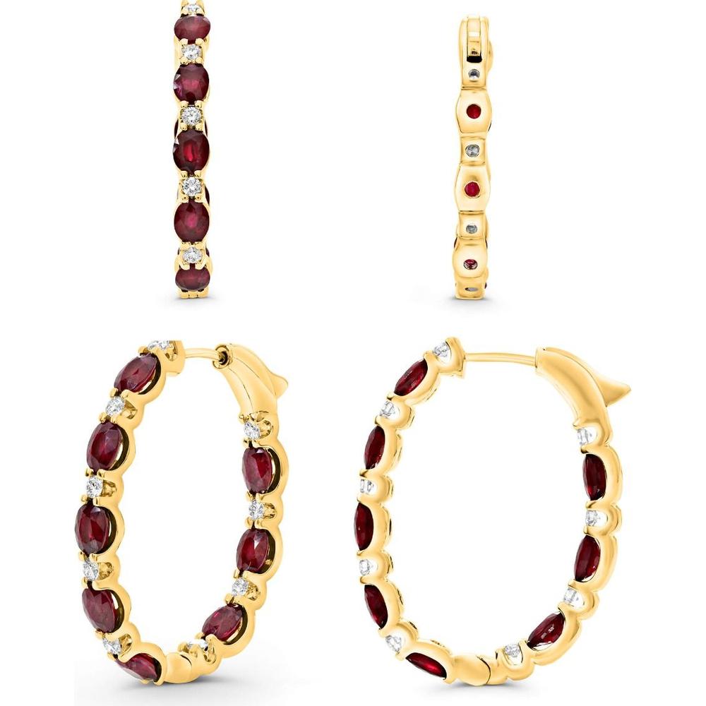 Roman & Jules - 14K Yellow Gold Oval Ruby Hoop Earrings with Round Diamond Accents - 1.00 Carat Total Ruby Weight