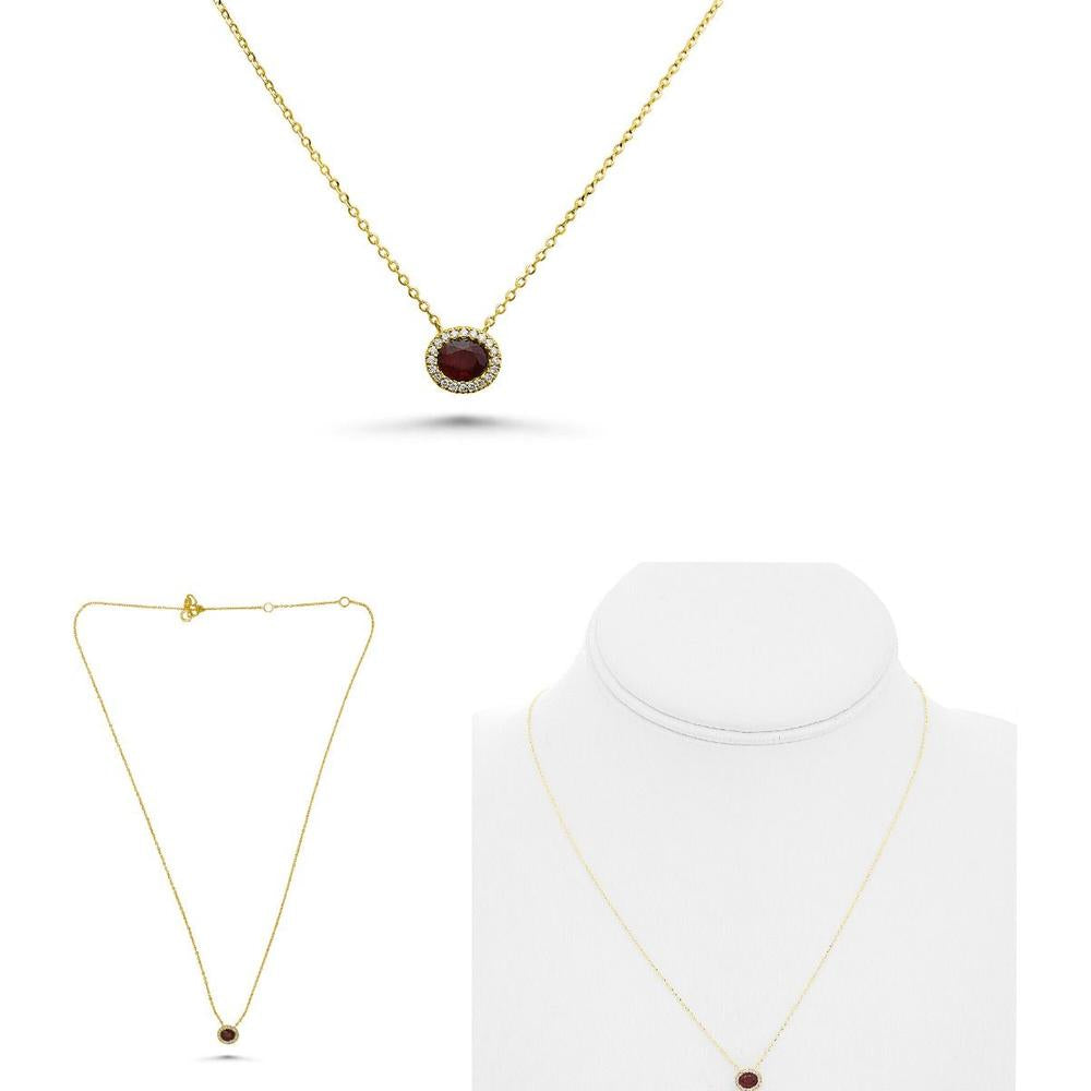 Roman & Jules - 14K Yellow Gold Oval Ruby Necklace with Halo of Round Diamonds - 0.40 Carat Total Gem Weight