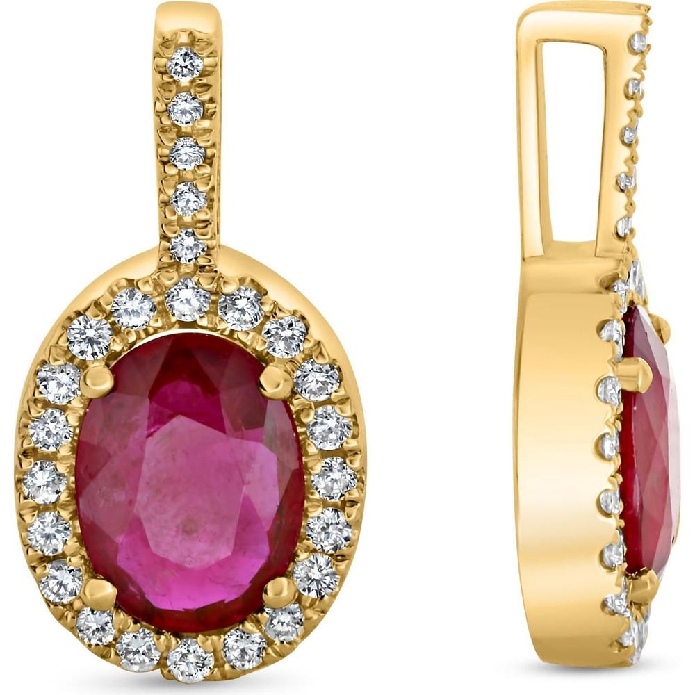 Roman & Jules - 14K Yellow Gold Oval Ruby Pendant with Diamond Halo - 0.43 Carat Total Ruby Weight, 0.10 Carat Diamond Weight