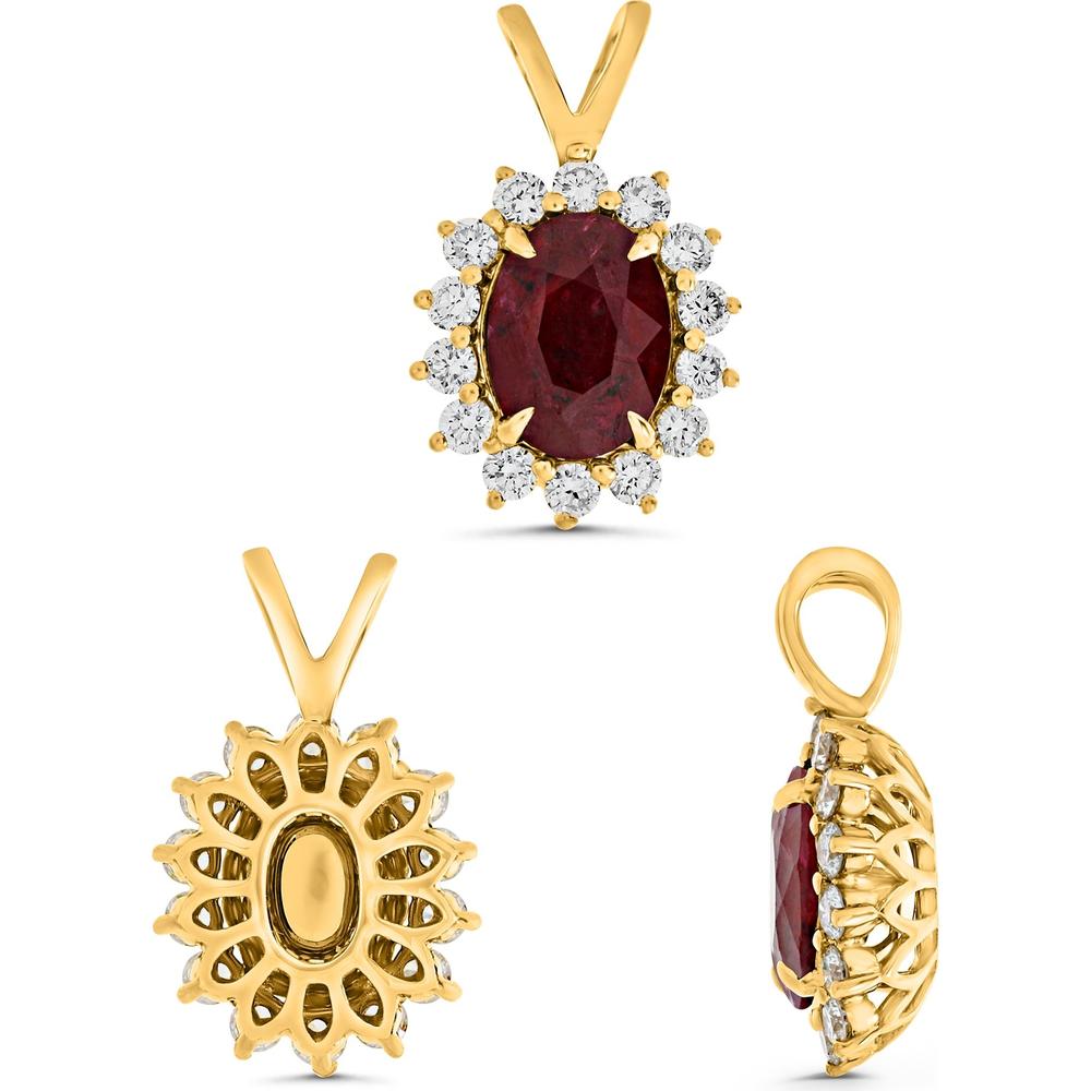 Roman & Jules - 14K Yellow Gold Oval Ruby Pendant with Diamond Halo - 1.30 Carat Total Ruby & Diamond Weight