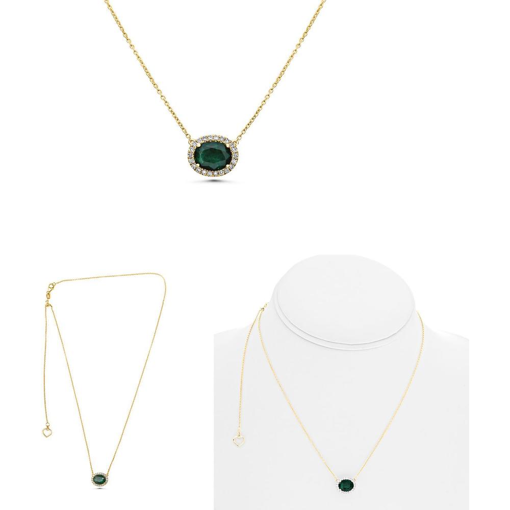 Roman & Jules - 14K Yellow Gold Pave Diamond Halo Necklace with 8x6mm Emerald - 0.12 Carat Total Diamond Weight