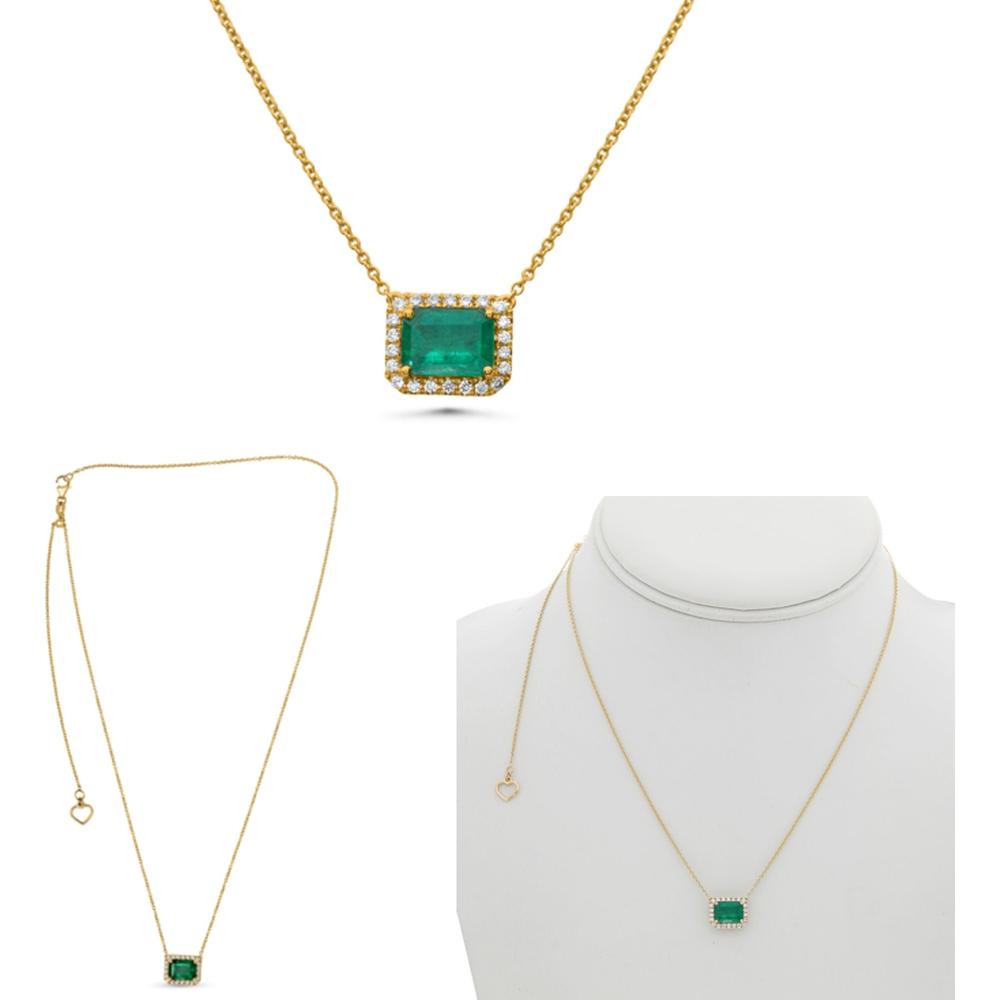 Roman & Jules - 14K Yellow Gold Pave Diamond Halo Y Necklace with 0.18 Carat Round Diamond and 7.90x5.24mm Emerald Center Stone