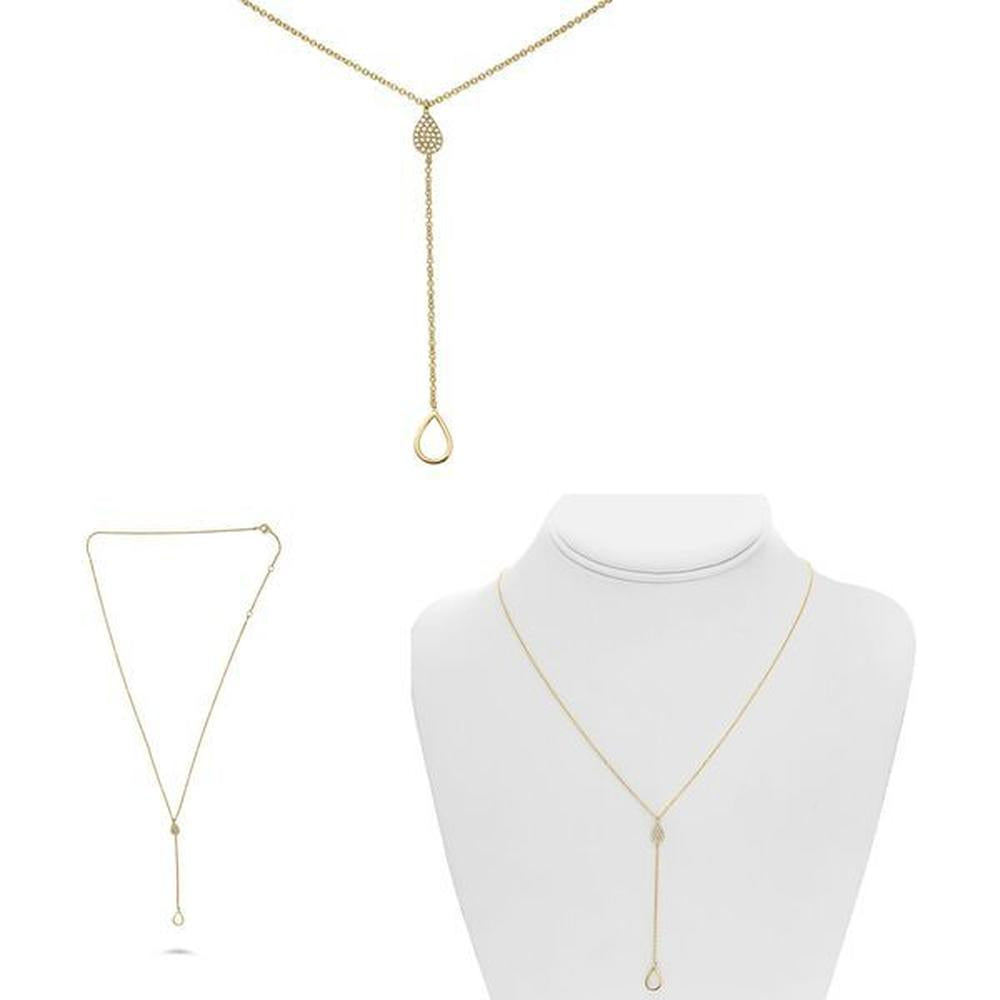 Roman & Jules - 14K Yellow Gold Pear Shape Diamond Y Necklace with Micropavé Setting - 0.07 Carat Total Diamond Weight
