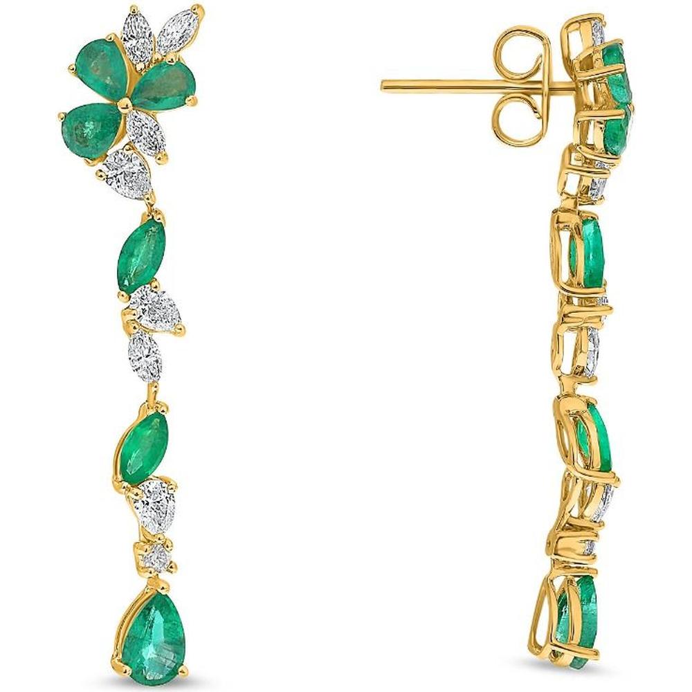 Roman & Jules - 14K Yellow Gold Pear Shape Emerald Earrings with Round Diamond Accents - 2.40 Carat Total Gem Weight