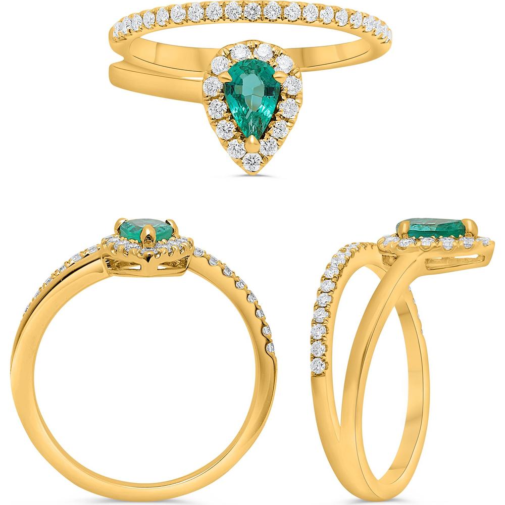 Roman & Jules - 14K Yellow Gold Pear Shape Emerald Halo Ring with Round Diamond Accents - 0.35 Carat Total Diamond Weight