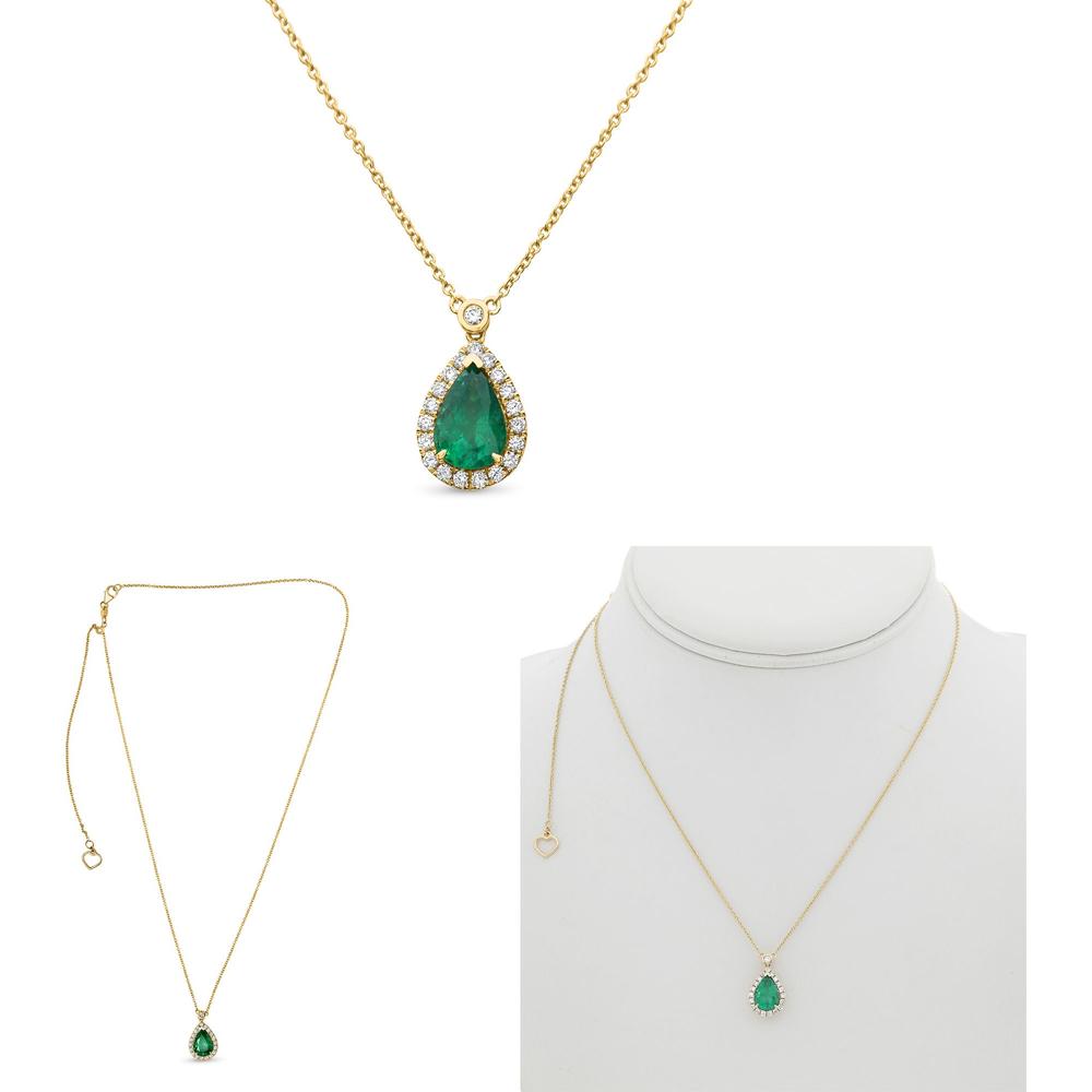 Roman & Jules - 14K Yellow Gold Pear Shape Emerald Necklace with Round Diamond Halo - 1.15 Carat Emerald, 0.22 Carat Total Diamond Weight
