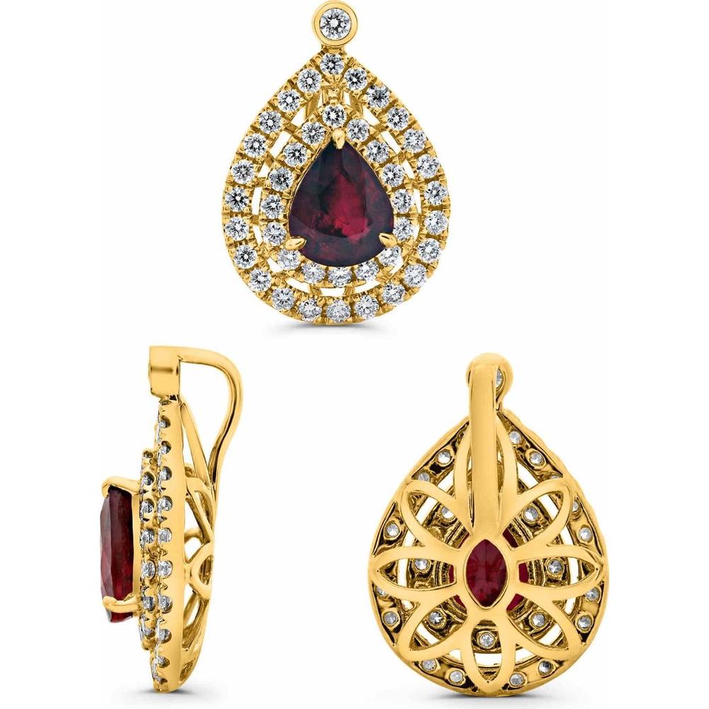 Roman & Jules - 14K Yellow Gold Pear Shape Ruby and Diamond Halo Earrings - 1.02 Carat Total Diamond Weight