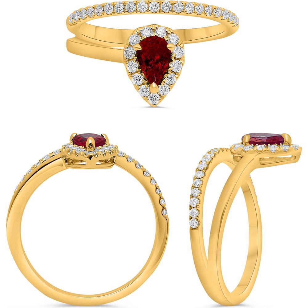 Roman & Jules - 14K Yellow Gold Pear Shape Ruby Ring with Diamond Halo - 0.50 Carat Total Diamond Weight