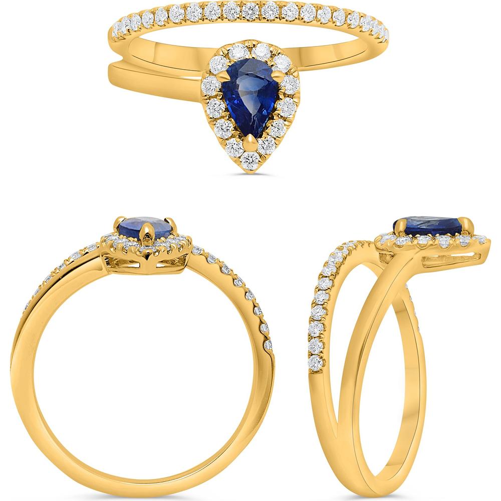Roman & Jules - 14K Yellow Gold Pear Shape Sapphire Ring with Round Diamond Halo - 0.80 Carat Total Diamond Weight