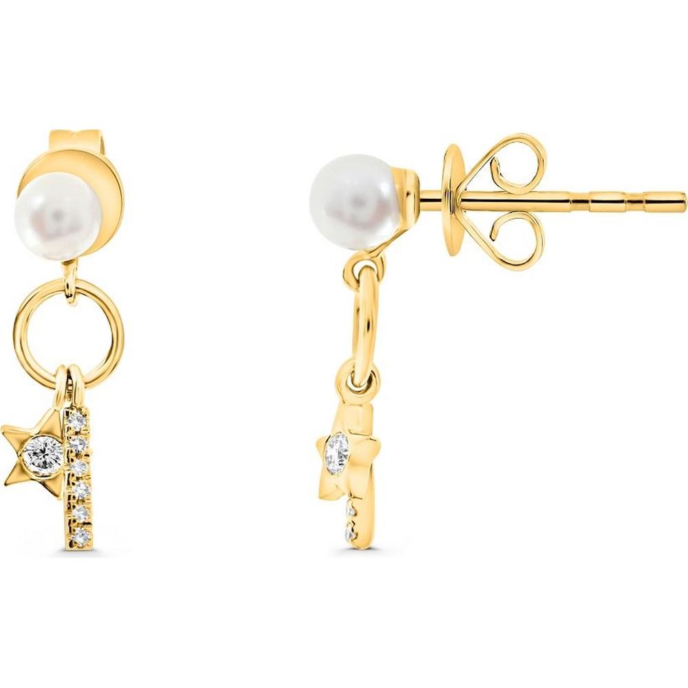 Roman & Jules - 14K Yellow Gold Pearl Earrings with 0.08 Round Diamonds and Star Motif - 0.16 Carat Total Diamond Weight