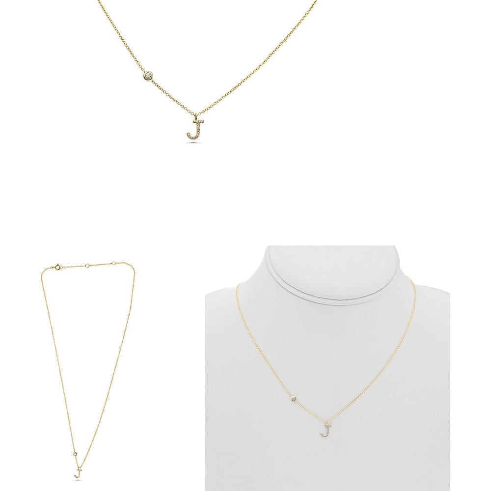 Roman & Jules - 14K Yellow Gold Personalized J Initial Necklace with Round Diamond - 0.09 Carat Total Diamond Weight