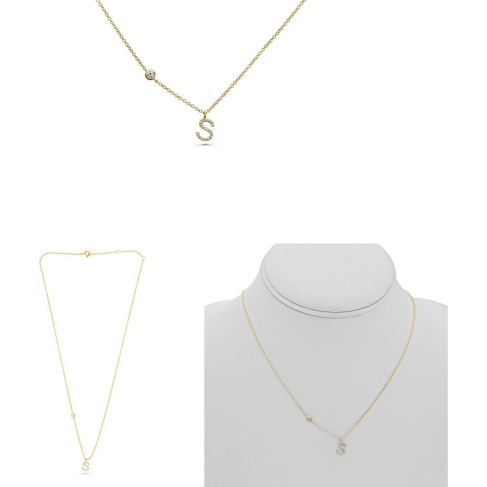 Roman & Jules - 14K Yellow Gold Personalized "S" Initial Necklace with 0.09 Carat Round Diamonds in Micropavé Setting