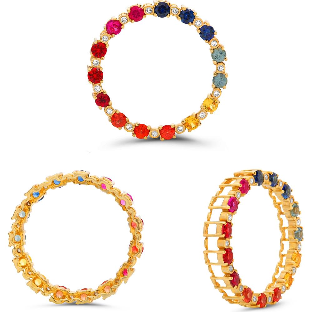 Roman & Jules - 14K Yellow Gold Rainbow Sapphire Open Circle Pendant with Round Diamond - 0.17 Carat Total Diamond Weight