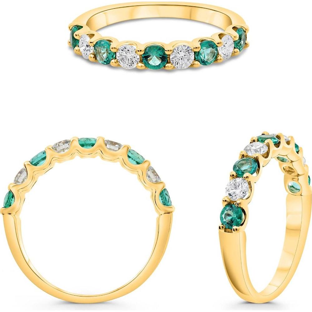 Roman & Jules - 14K Yellow Gold Ring with Round Emeralds and Round Diamonds - 0.89 Carat Total Emerald Weight, 1.11 Carat Total Diamond Weight