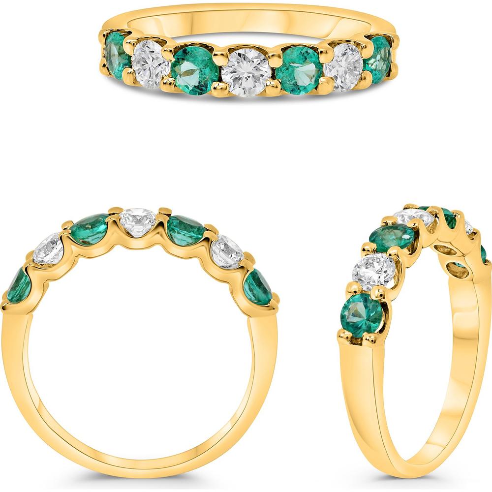 Roman & Jules - 14K Yellow Gold Round Emerald and Diamond Band Ring with Shared U-Shape Setting - 0.32 Carat Diamond, 0.43 Carat Emerald