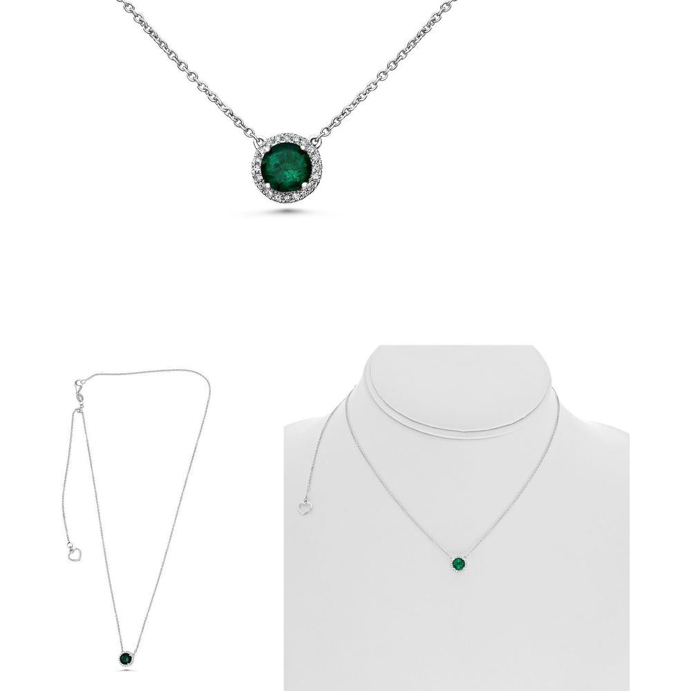 Roman & Jules - 14K Yellow Gold Round Emerald Necklace with Halo of Diamonds - 0.99 Carat Emerald, 0.13 Carat Diamonds
