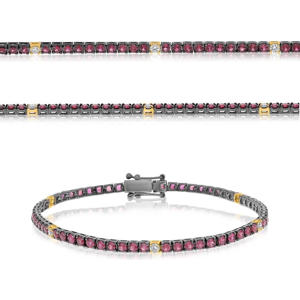 Roman & Jules - 14K Yellow Gold Round Ruby and Diamond Tennis Bracelet - 2.20 Carat Total Ruby Weight, 0.28 Carat Total Diamond Weight