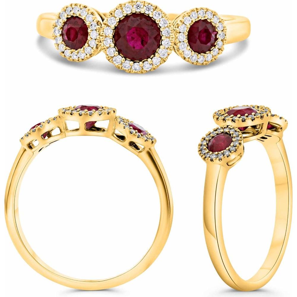 Roman & Jules - 14K Yellow Gold Round Ruby Ring with Diamond Halo - 0.58 Carat Total Ruby Weight, 0.12 Carat Total Diamond Weight