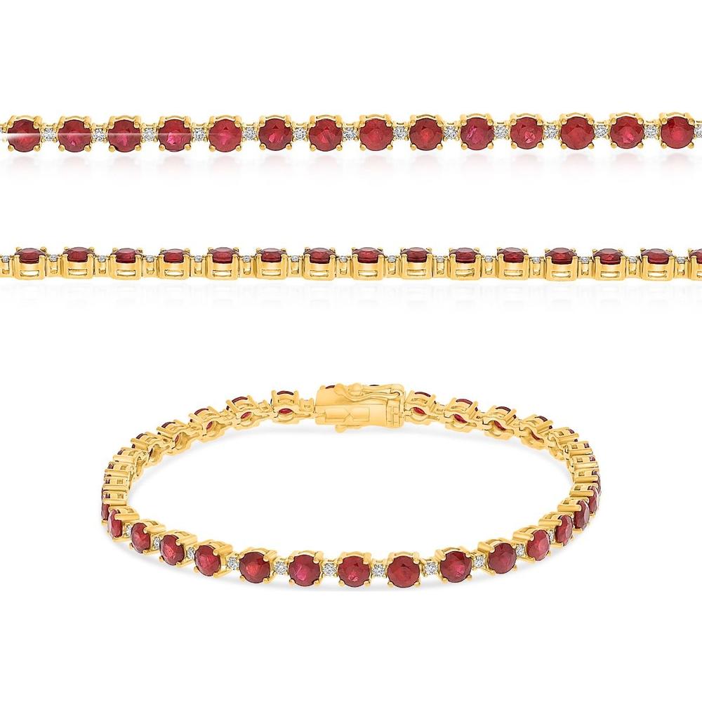 Roman & Jules - 14K Yellow Gold Round Ruby Tennis Bracelet with Prong-Set Round Rubies and Diamonds - 6.00 Carat Total Ruby Weight