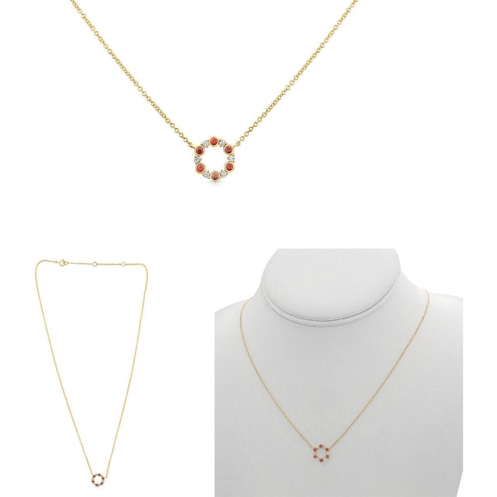 Roman & Jules - 14K Yellow Gold Ruby and Diamond Circle Pendant Necklace - 0.10 Carat Diamond Weight