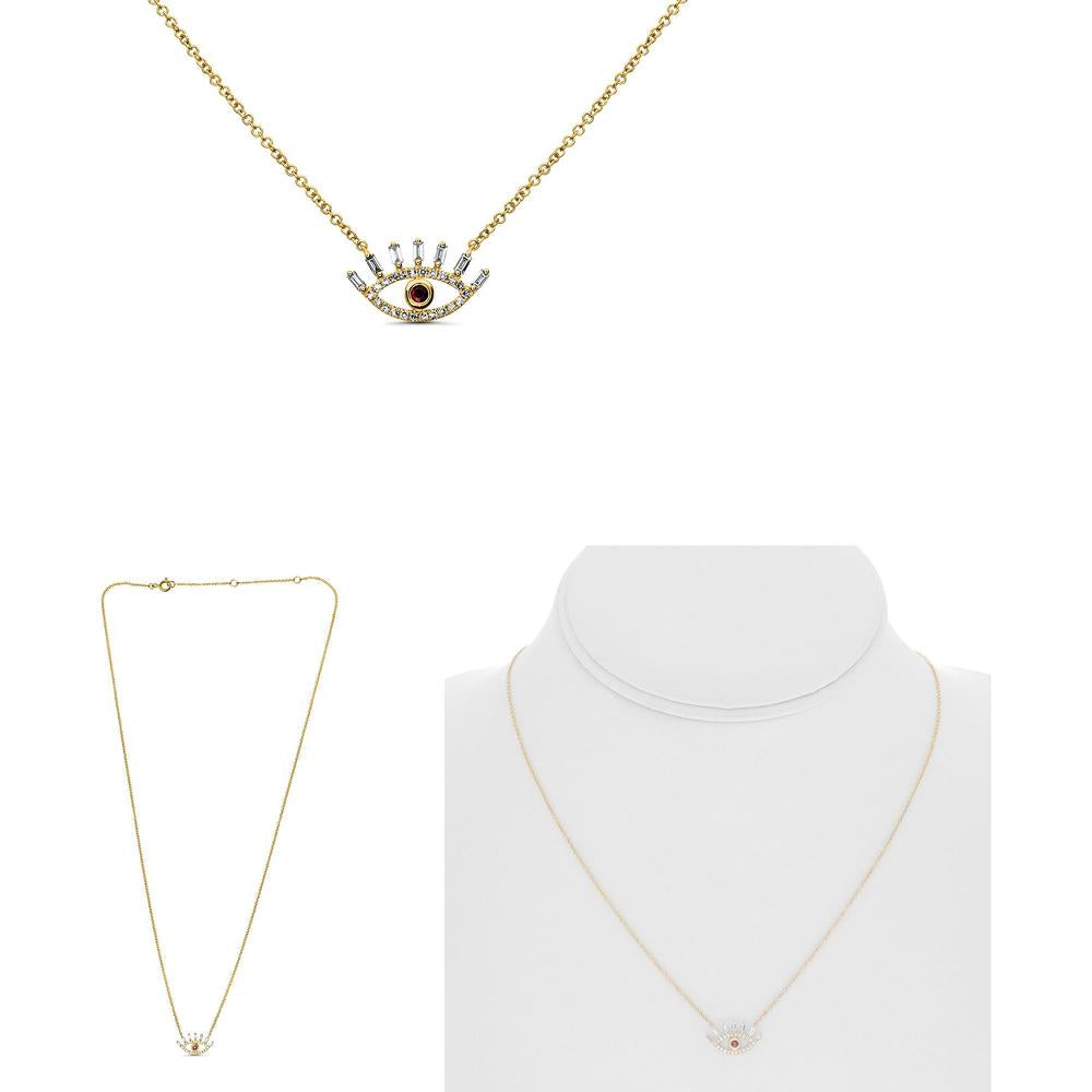 Roman & Jules - 14K Yellow Gold Ruby and Diamond Evil Eye Pendant Necklace with Round and Baguette Diamonds