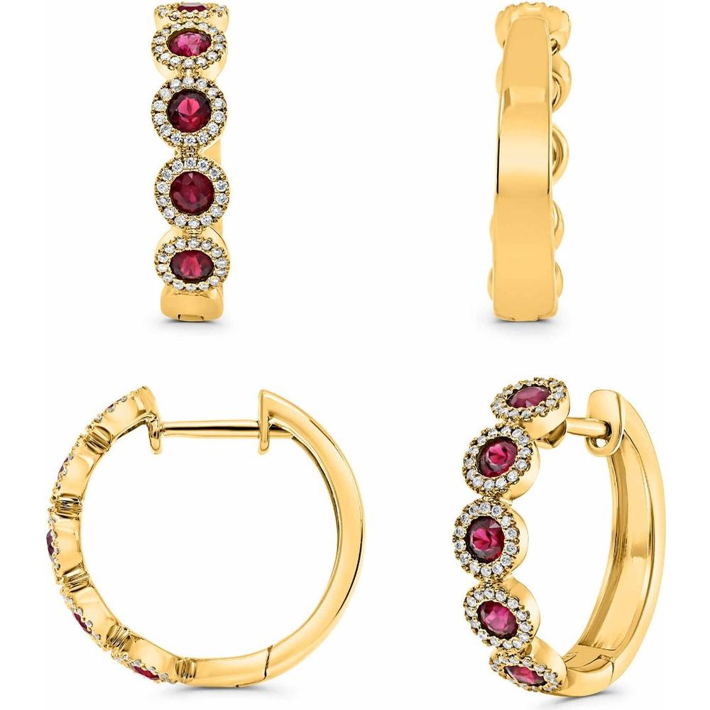 Roman & Jules - 14K Yellow Gold Ruby and Diamond Halo Hoop Earrings - 0.76 Carat Total Ruby Weight, 0.40 Carat Total Diamond Weight