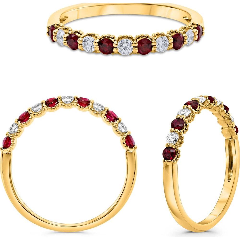 Roman & Jules - 14K Yellow Gold Ruby and Diamond Ring with Milgrain Detailing - 0.46 Carat Total Gem Weight